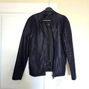 Zara Man Navy Faux Leather Biker Moto Jacket - Medium